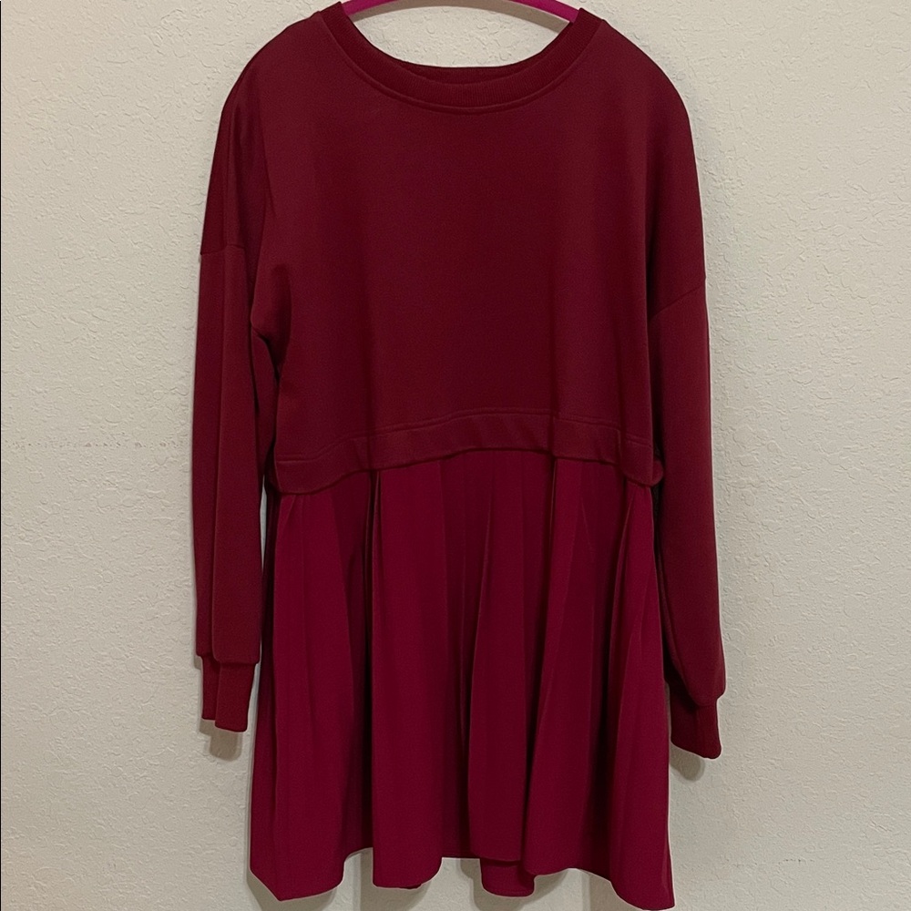 Ugerlov Boho Pleated Mixed Media Sweatshirt Mini Dress Wine M - Picture 2 of 8